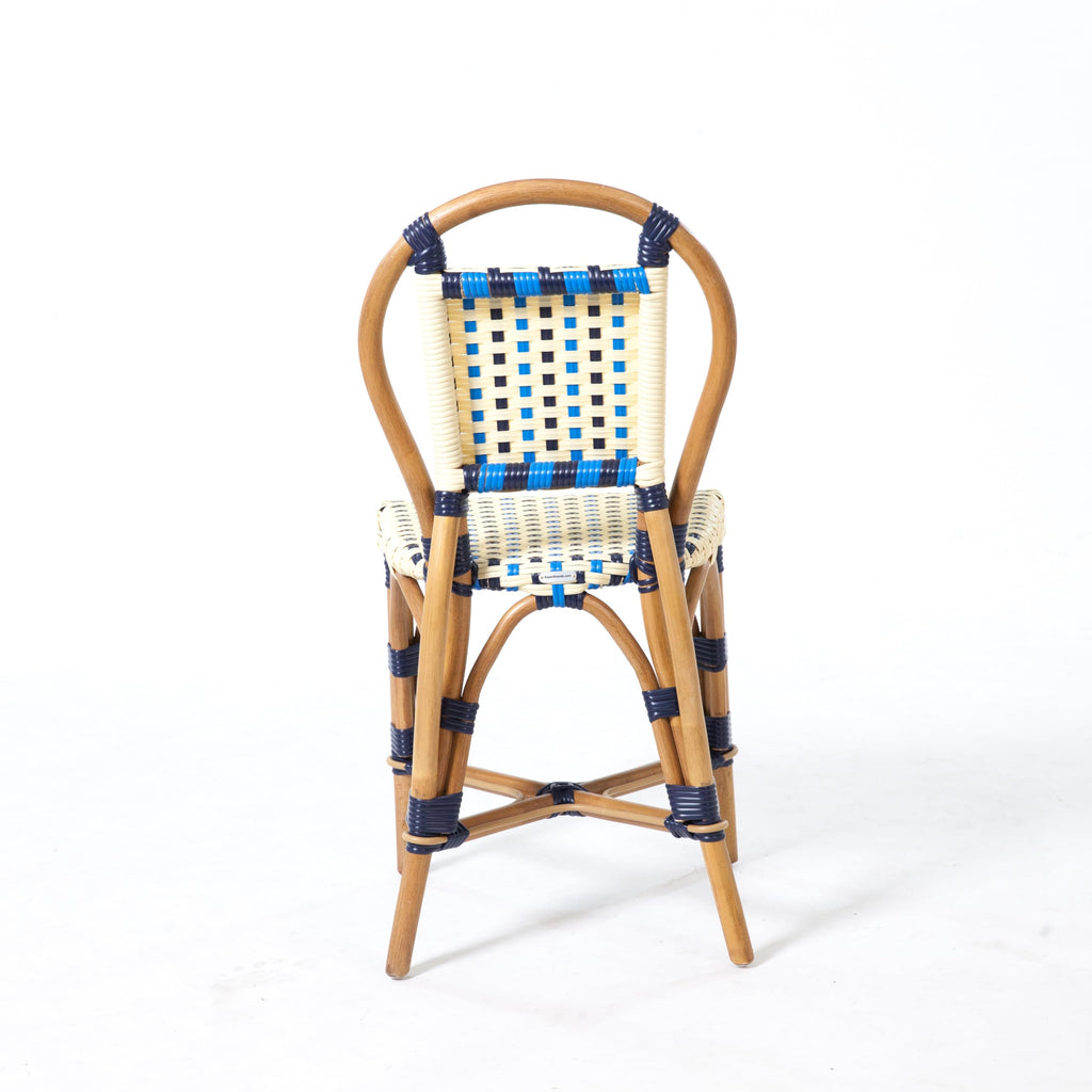 Aspen Brands Classic French Bistro Chair, Indoor Outdoor, Navy, Cream, and Lite Blue PE Rattan, Natural Frame, Commercial Grade