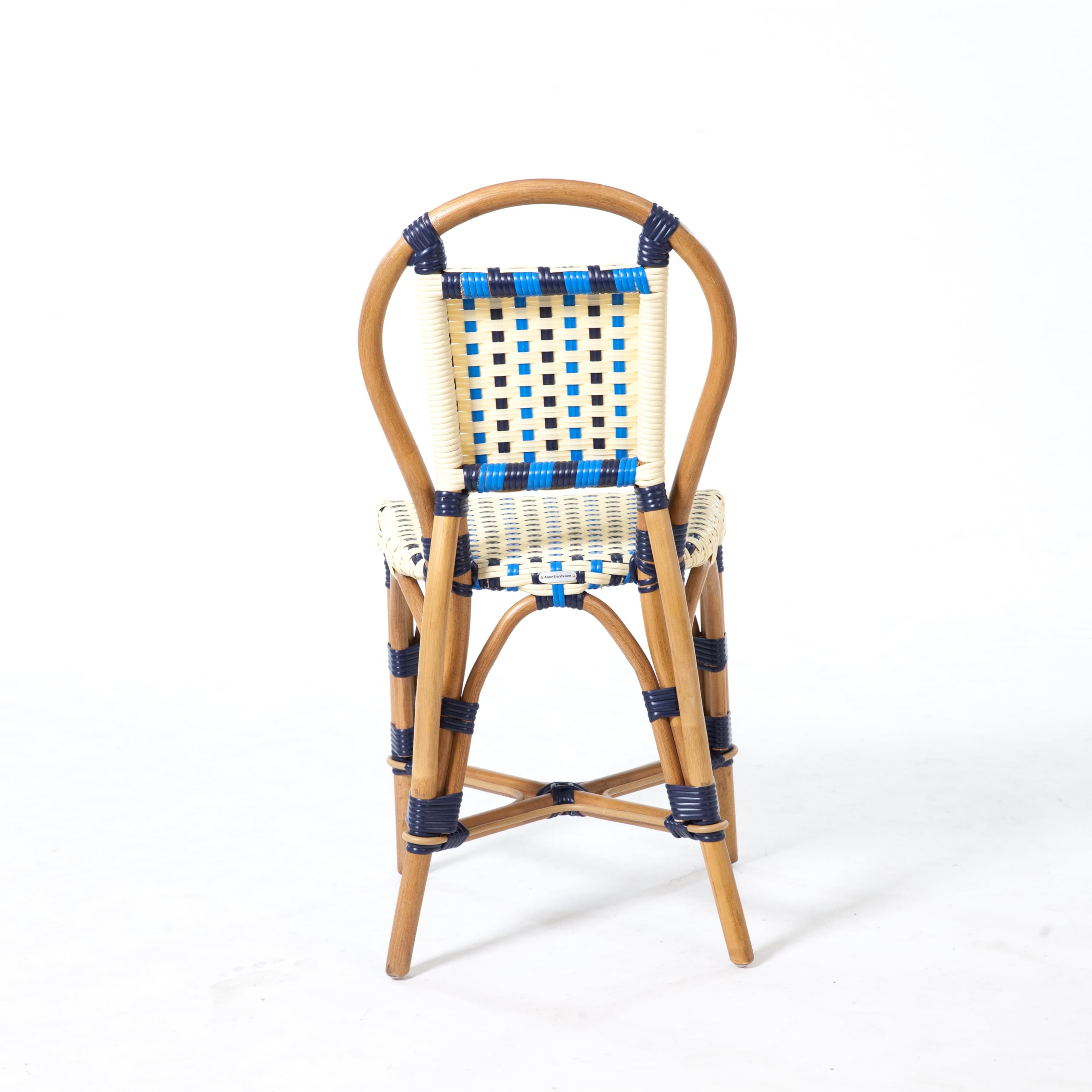 Aspen Brands Classic French Bistro Chair, Indoor Outdoor, Navy, Cream, and Lite Blue PE Rattan, Natural Frame, Commercial Grade