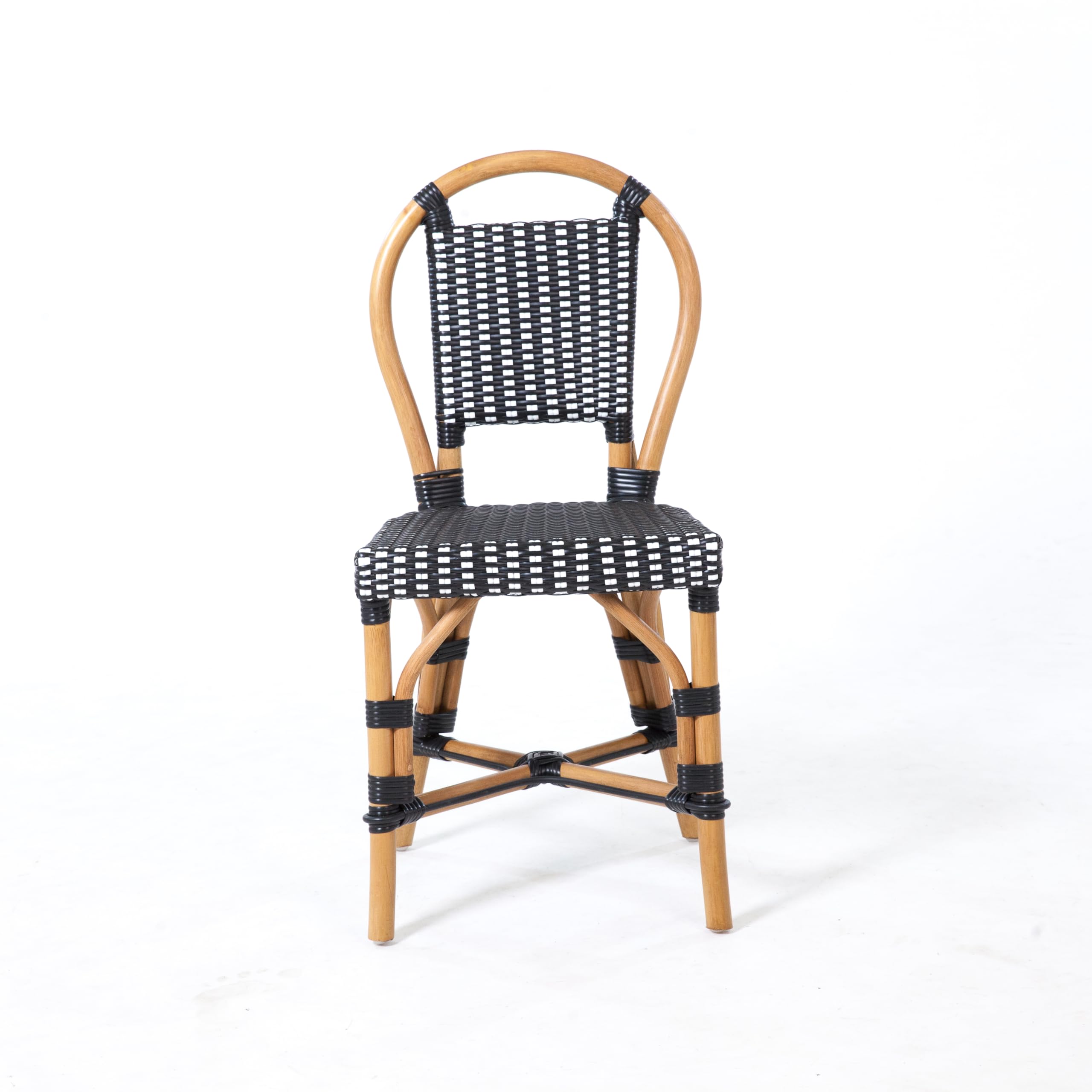 Aspen Brands Classic Cafe Bistro Chair, Indoor Outdoor, Black and White Rattan, 250 lbs Capacity, Stackable