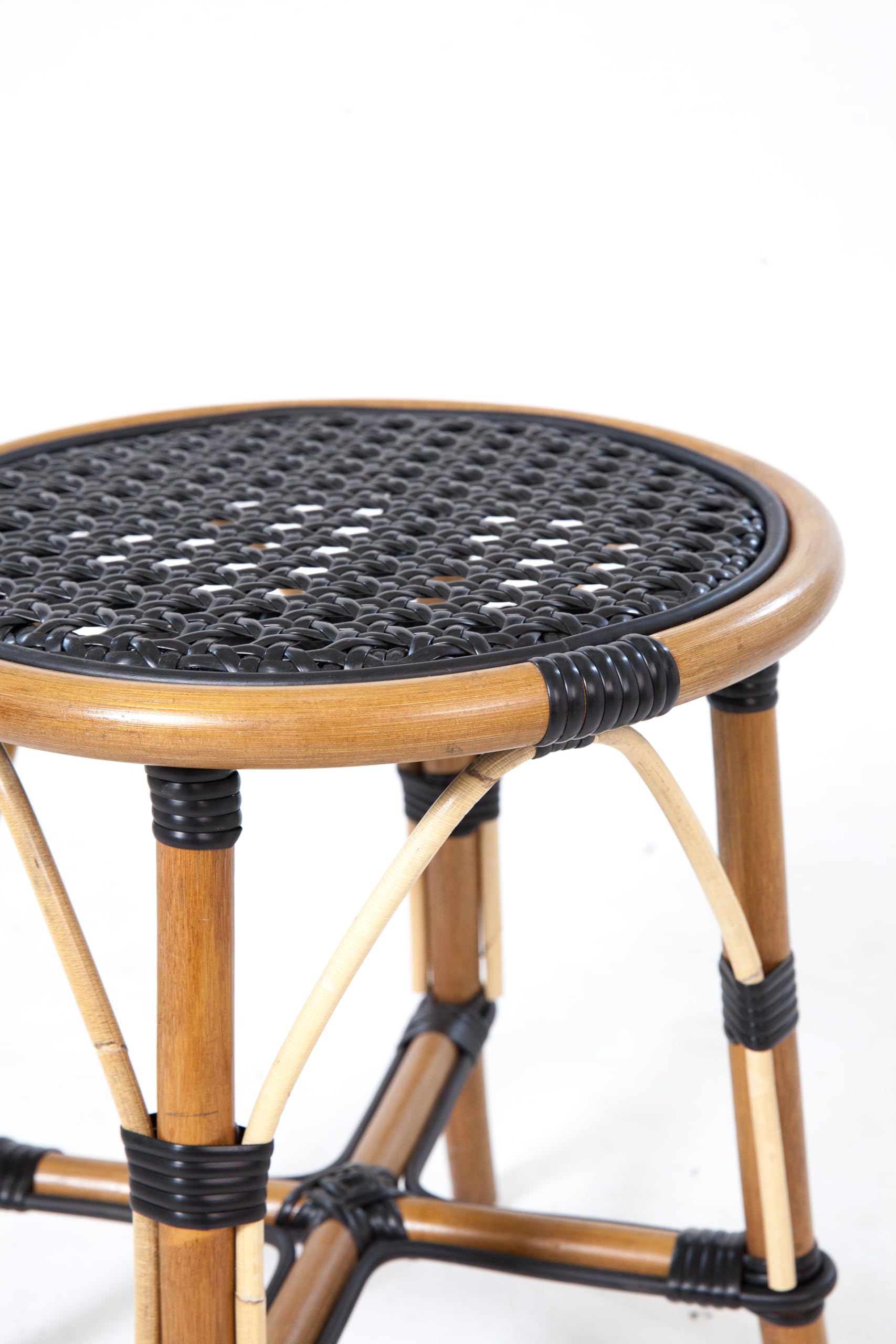 Aspen Brands French Bistro Counter Height Stool, Black Woven Rattan Seat, Brown Wooden Frame, Backless Design