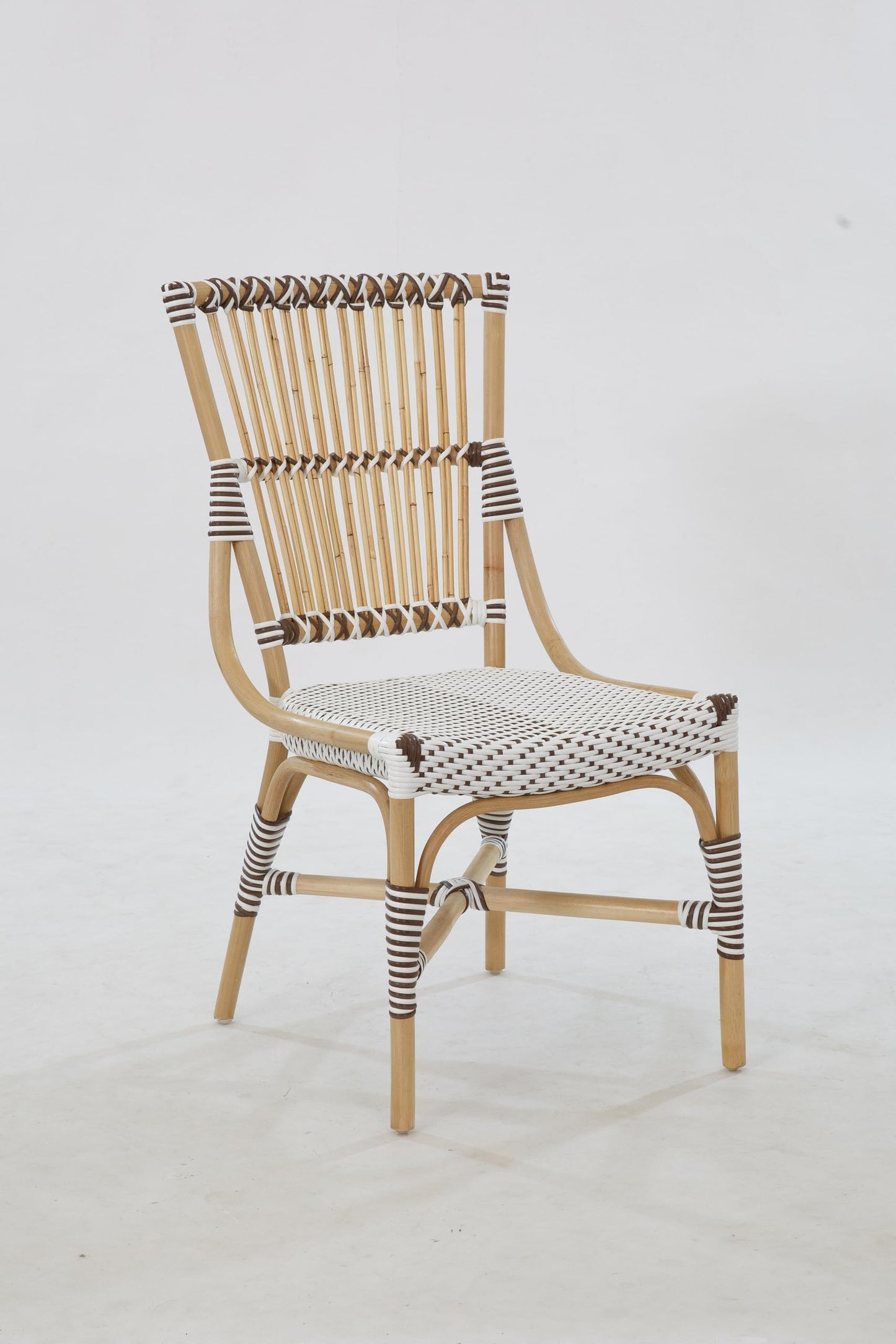 Aspen Brands Laguna Bistro Chair - White & Cappuccino Rattan Side Dining Chair. Designed to be Stackable and Made for Both Indoor and Outdoor use. 300 lbs max Limit. Rattan Wood Frame.