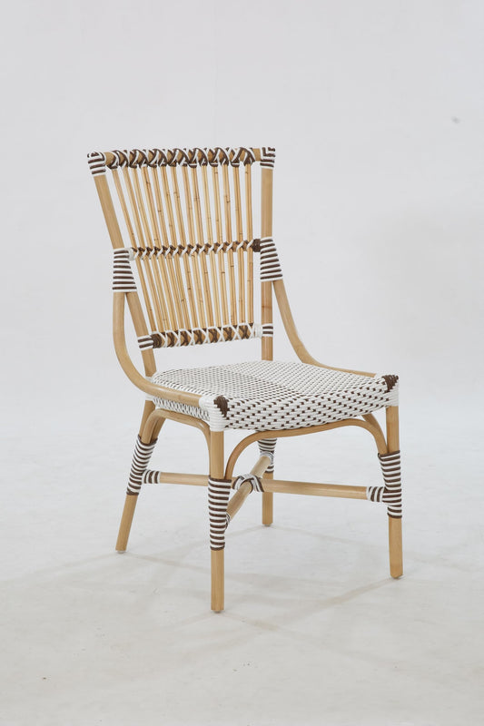 Aspen Brands Laguna Bistro Chair - White & Cappuccino Rattan Side Dining Chair. Designed to be Stackable and Made for Both Indoor and Outdoor use. 300 lbs max Limit. Rattan Wood Frame.