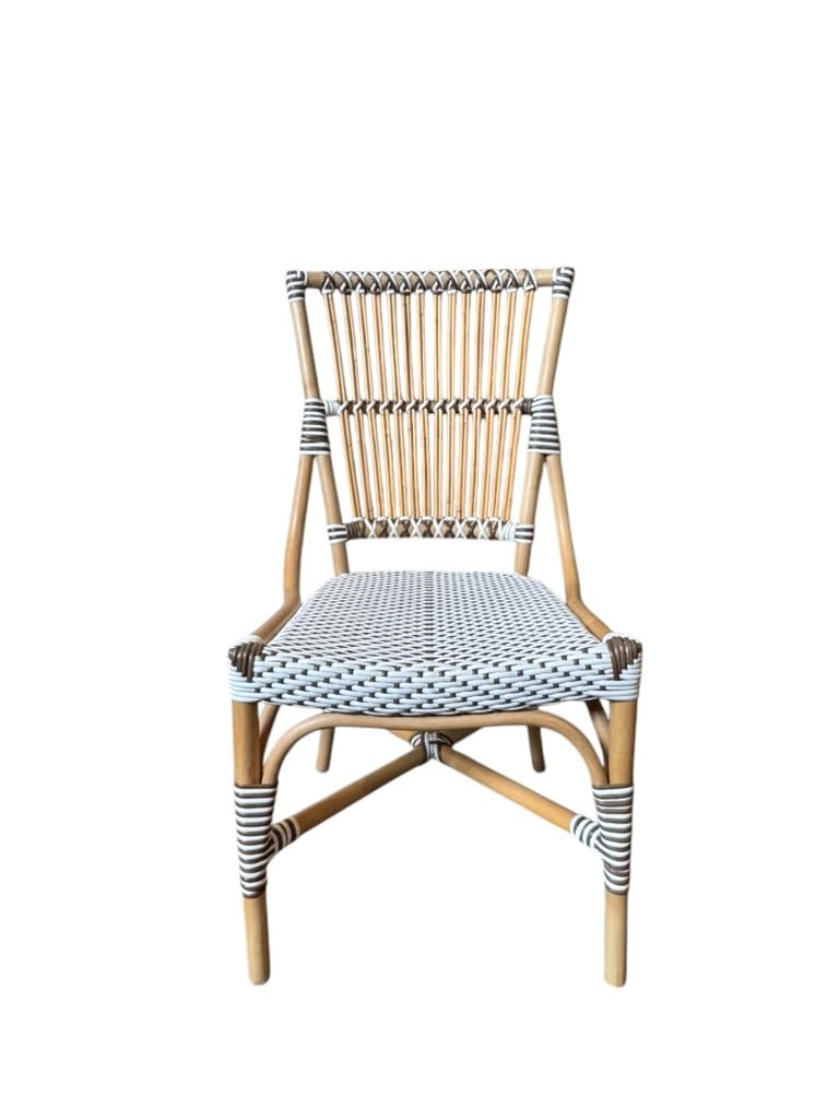 Aspen Brands Laguna Bistro Chair - White & Cappuccino Rattan Side Dining Chair. Designed to be Stackable and Made for Both Indoor and Outdoor use. 300 lbs max Limit. Rattan Wood Frame.