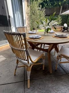 Aspen Brands Laguna Bistro Chair - White & Cappuccino Rattan Side Dining Chair. Designed to be Stackable and Made for Both Indoor and Outdoor use. 300 lbs max Limit. Rattan Wood Frame.