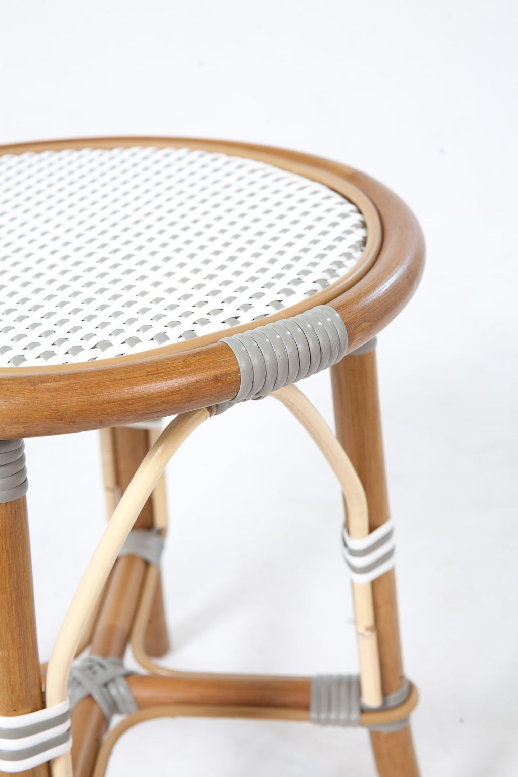 Aspen Brands French Bistro Low Stool, Round Rattan Seat, White and Grey