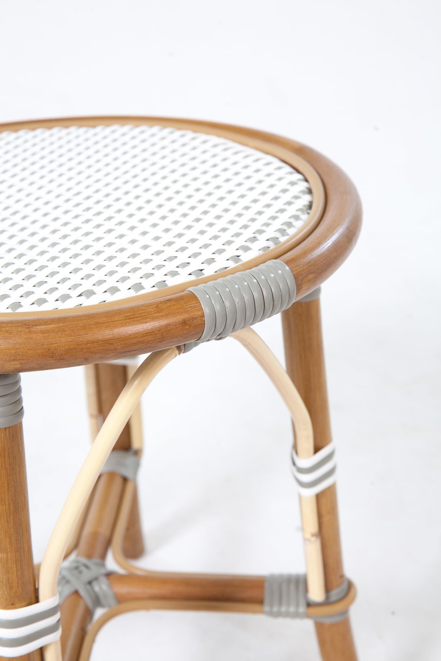Aspen Brands French Bistro Low Stool, Round Rattan Seat, White and Grey