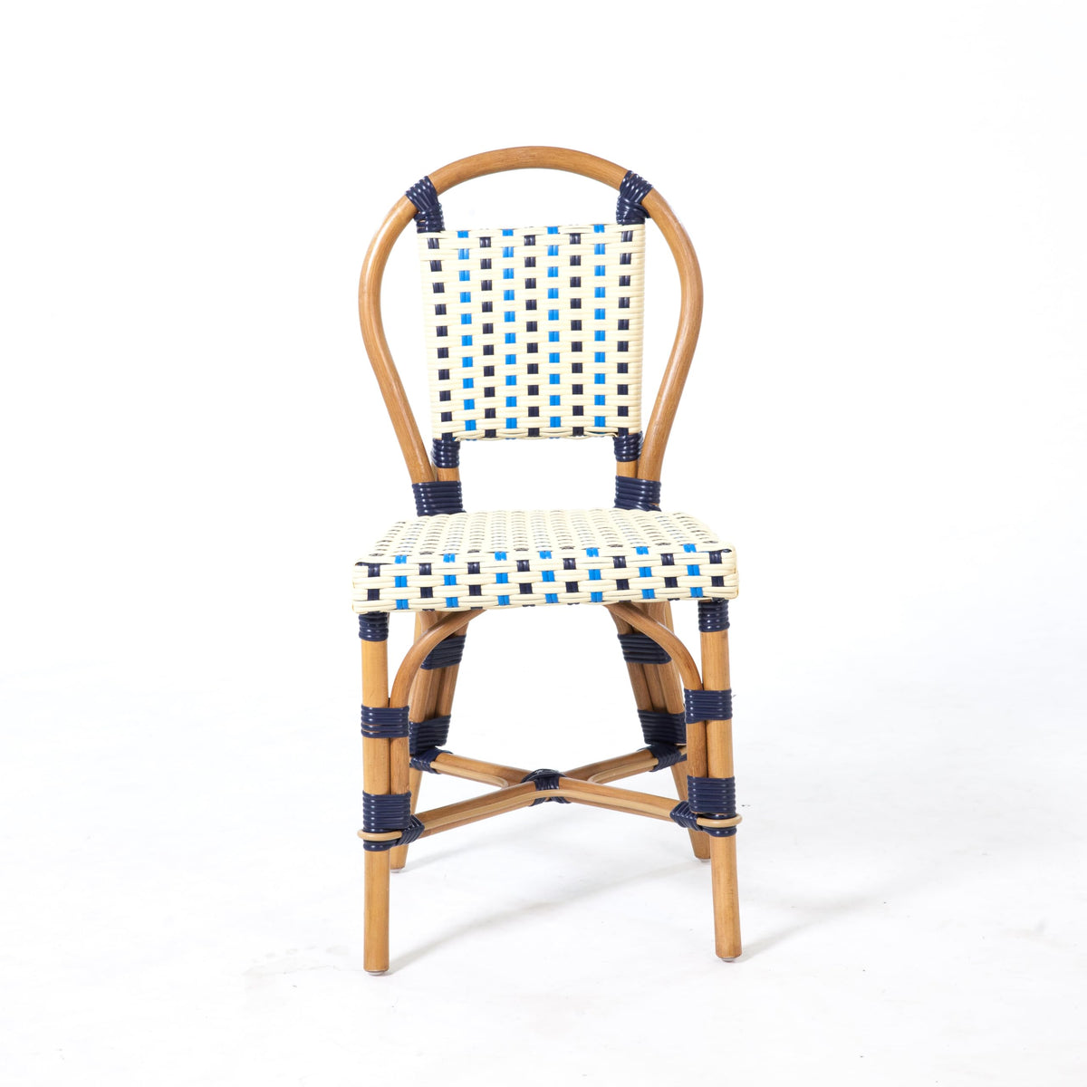 Aspen Brands Classic French Bistro Chair, Indoor Outdoor, Navy, Cream, and Lite Blue PE Rattan, Natural Frame, Commercial Grade