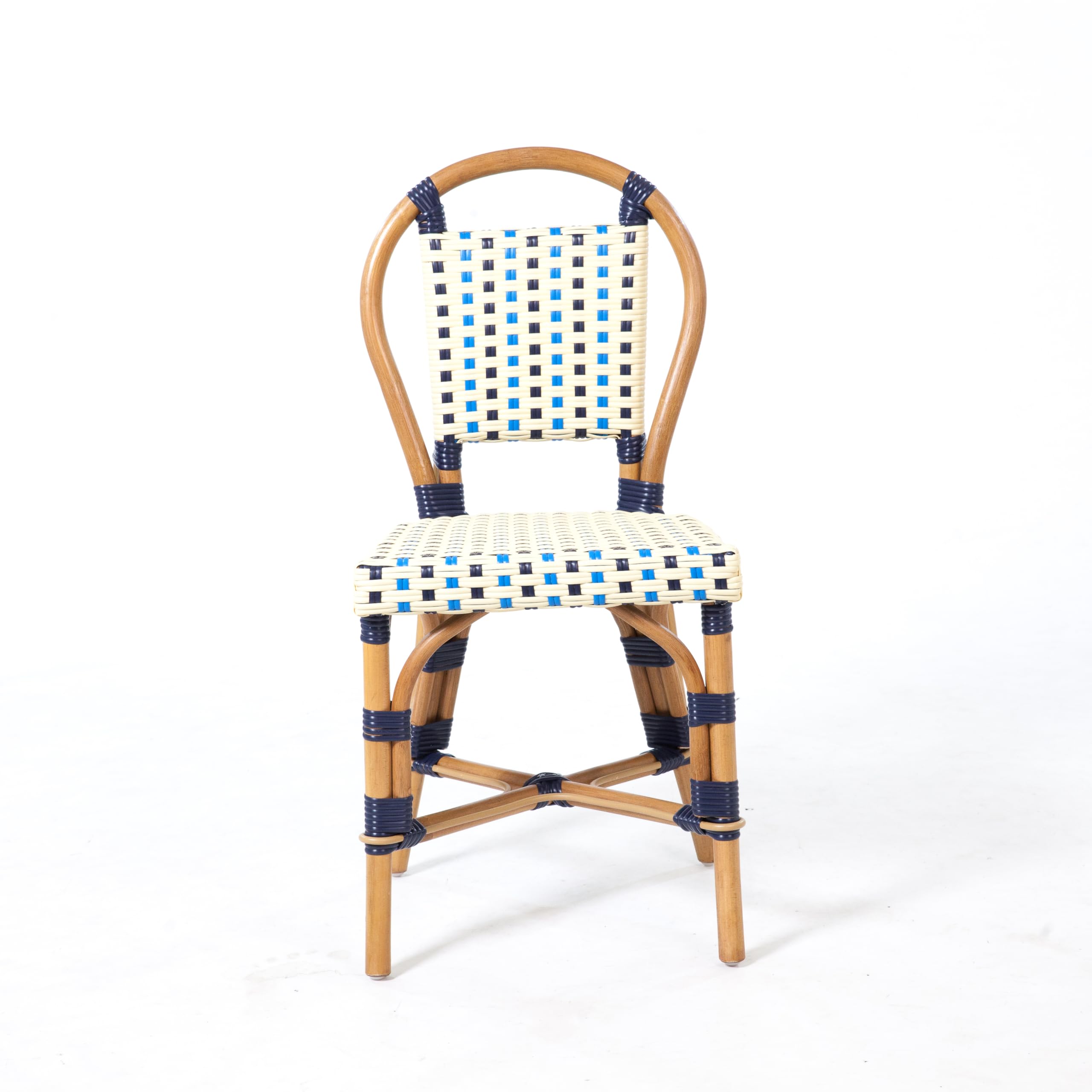 Aspen Brands Classic French Bistro Chair, Indoor Outdoor, Navy, Cream, and Lite Blue PE Rattan, Natural Frame, Commercial Grade