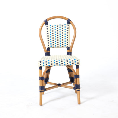 Aspen Brands Classic French Bistro Chair, Indoor Outdoor, Navy, Cream, and Lite Blue PE Rattan, Natural Frame, Commercial Grade