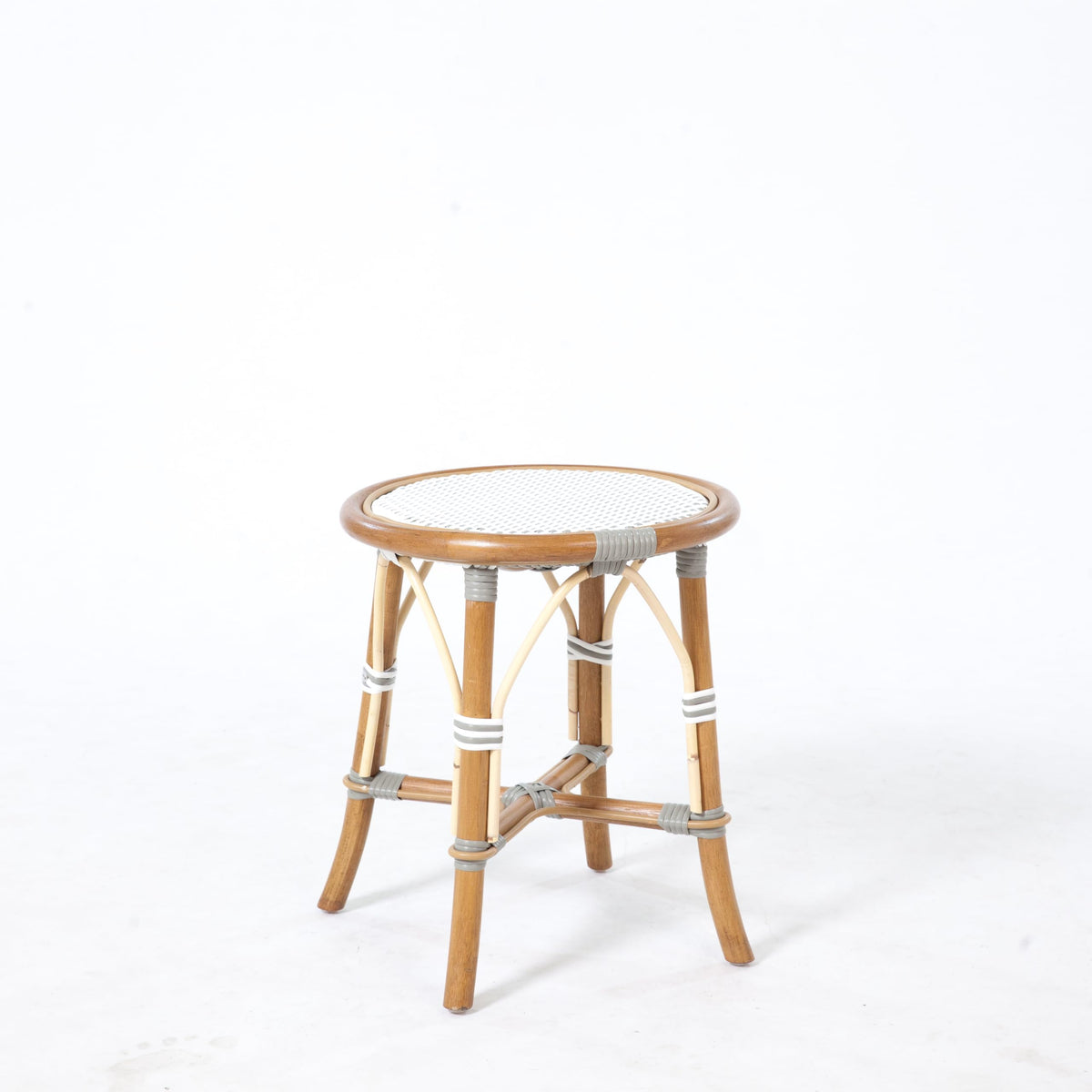 Aspen Brands French Bistro Low Stool, Round Rattan Seat, White and Grey