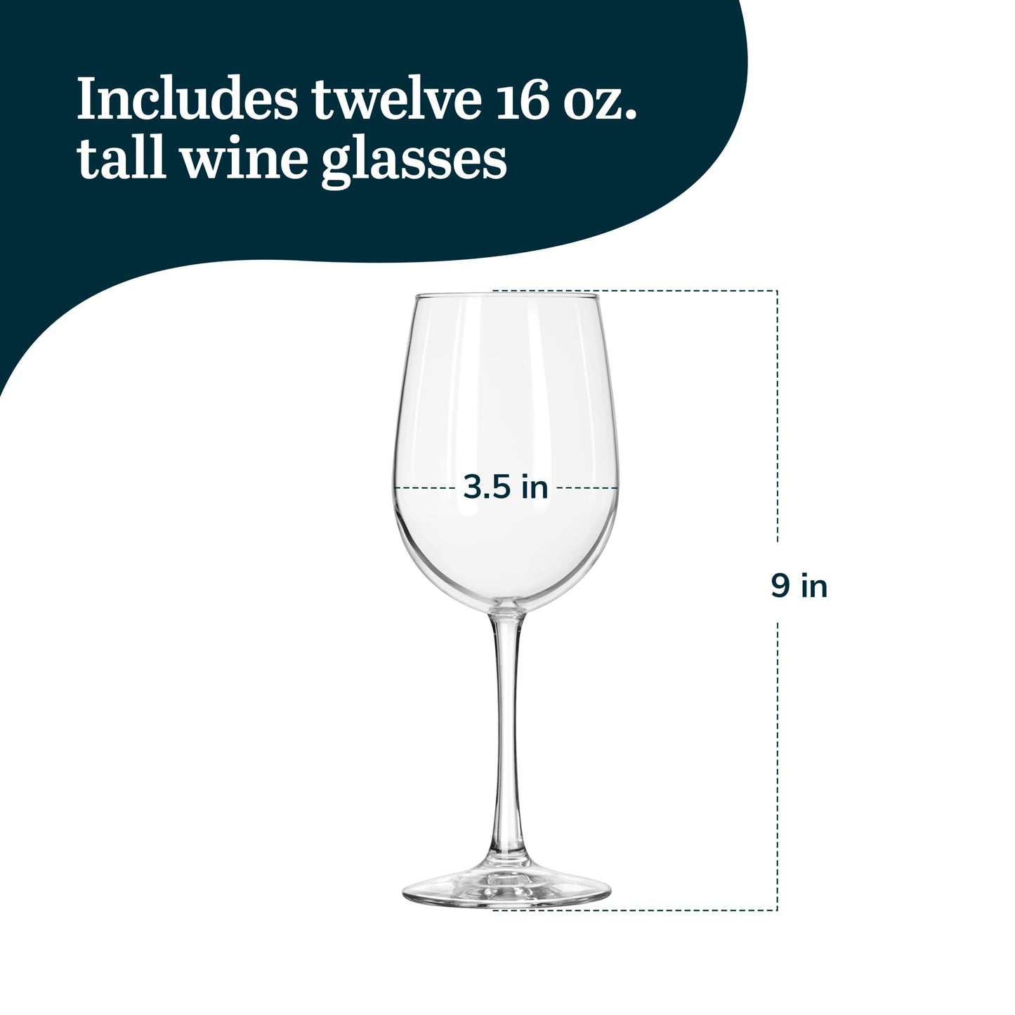 Libbey Vina Tall Wine Glasses Set, All Purpose Red and White Wine Glasses Set of 12, 16 Fluid Ounces, Professional Grade Glass Wine Glasses for Gatherings, Events