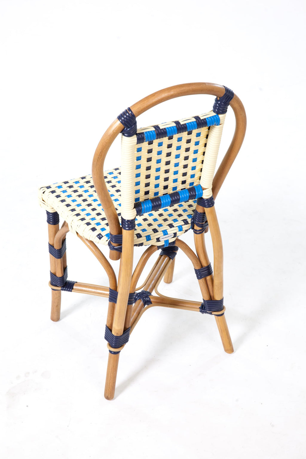 Aspen Brands Classic French Bistro Chair, Indoor Outdoor, Navy, Cream, and Lite Blue PE Rattan, Natural Frame, Commercial Grade