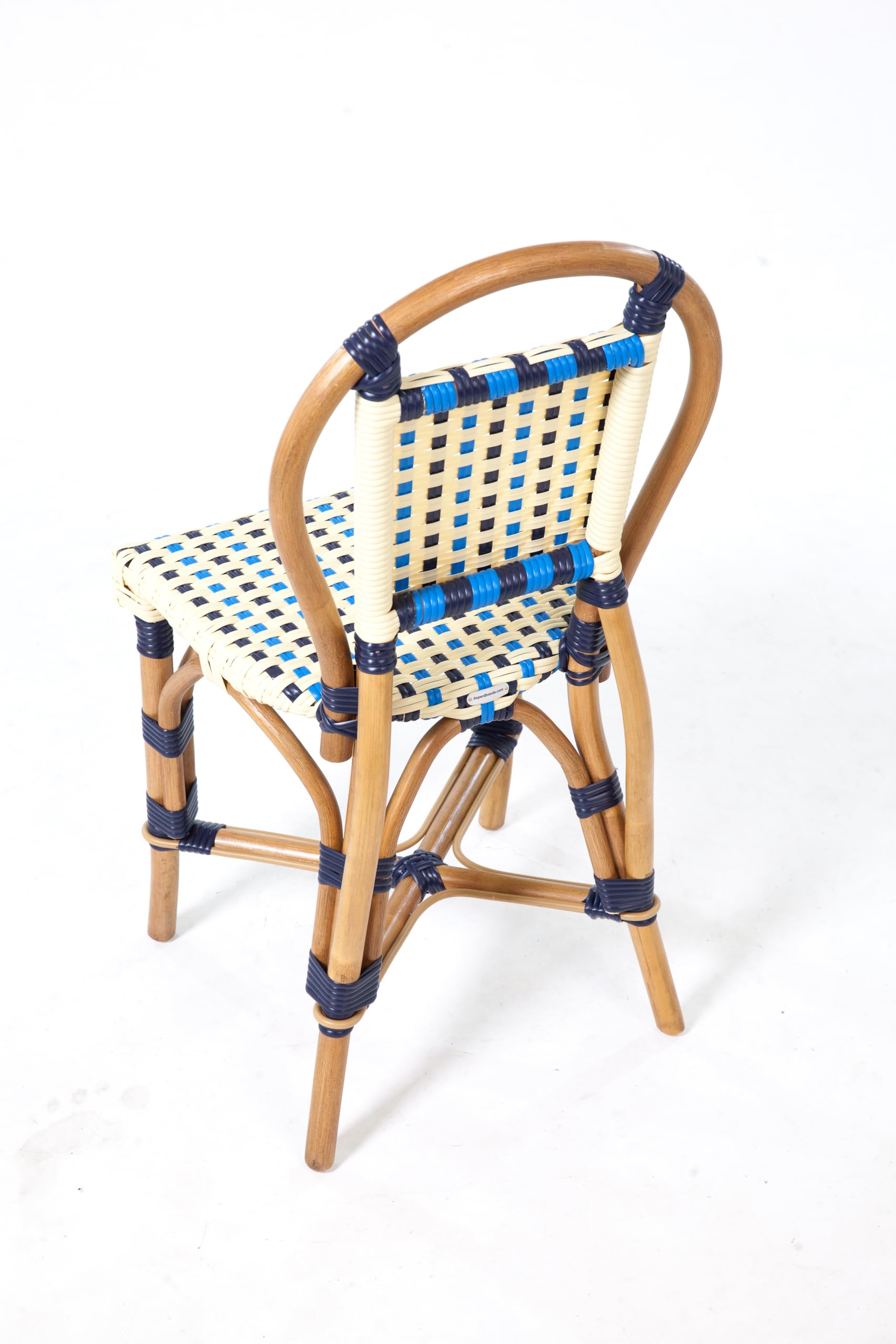 Aspen Brands Classic French Bistro Chair, Indoor Outdoor, Navy, Cream, and Lite Blue PE Rattan, Natural Frame, Commercial Grade