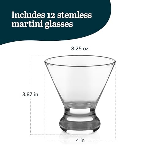 Libbey Cosmopolitan Stemless Martini Glasses Set Of 12, Dishwasher Safe Holiday Martini Glass, Lightweight Cocktail Glass Set for Wedding Party