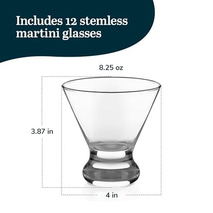 Libbey Cosmopolitan Stemless Martini Glasses Set Of 12, Dishwasher Safe Holiday Martini Glass, Lightweight Cocktail Glass Set for Wedding Party