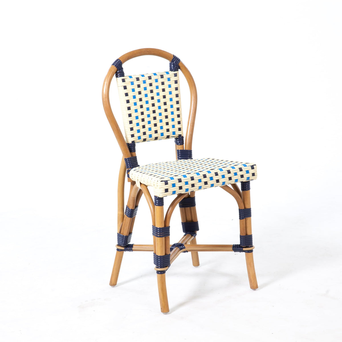 Aspen Brands Classic French Bistro Chair, Indoor Outdoor, Navy, Cream, and Lite Blue PE Rattan, Natural Frame, Commercial Grade