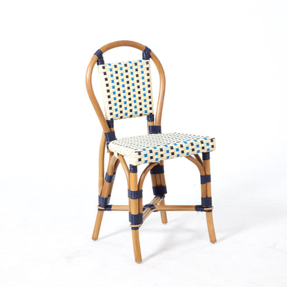 Aspen Brands Classic French Bistro Chair, Indoor Outdoor, Navy, Cream, and Lite Blue PE Rattan, Natural Frame, Commercial Grade