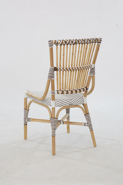 Aspen Brands Laguna Bistro Chair - White & Cappuccino Rattan Side Dining Chair. Designed to be Stackable and Made for Both Indoor and Outdoor use. 300 lbs max Limit. Rattan Wood Frame.
