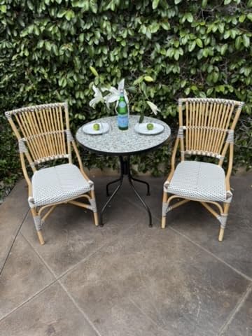Aspen Brands Laguna Bistro Chair - White & Cappuccino Rattan Side Dining Chair. Designed to be Stackable and Made for Both Indoor and Outdoor use. 300 lbs max Limit. Rattan Wood Frame.