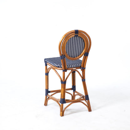 Aspen Brands Original Rattan French Bistro Counter Height Stool, Rattan Wood Frame, Navy & White, 26 Inch, Commercial Grade, Indoor
