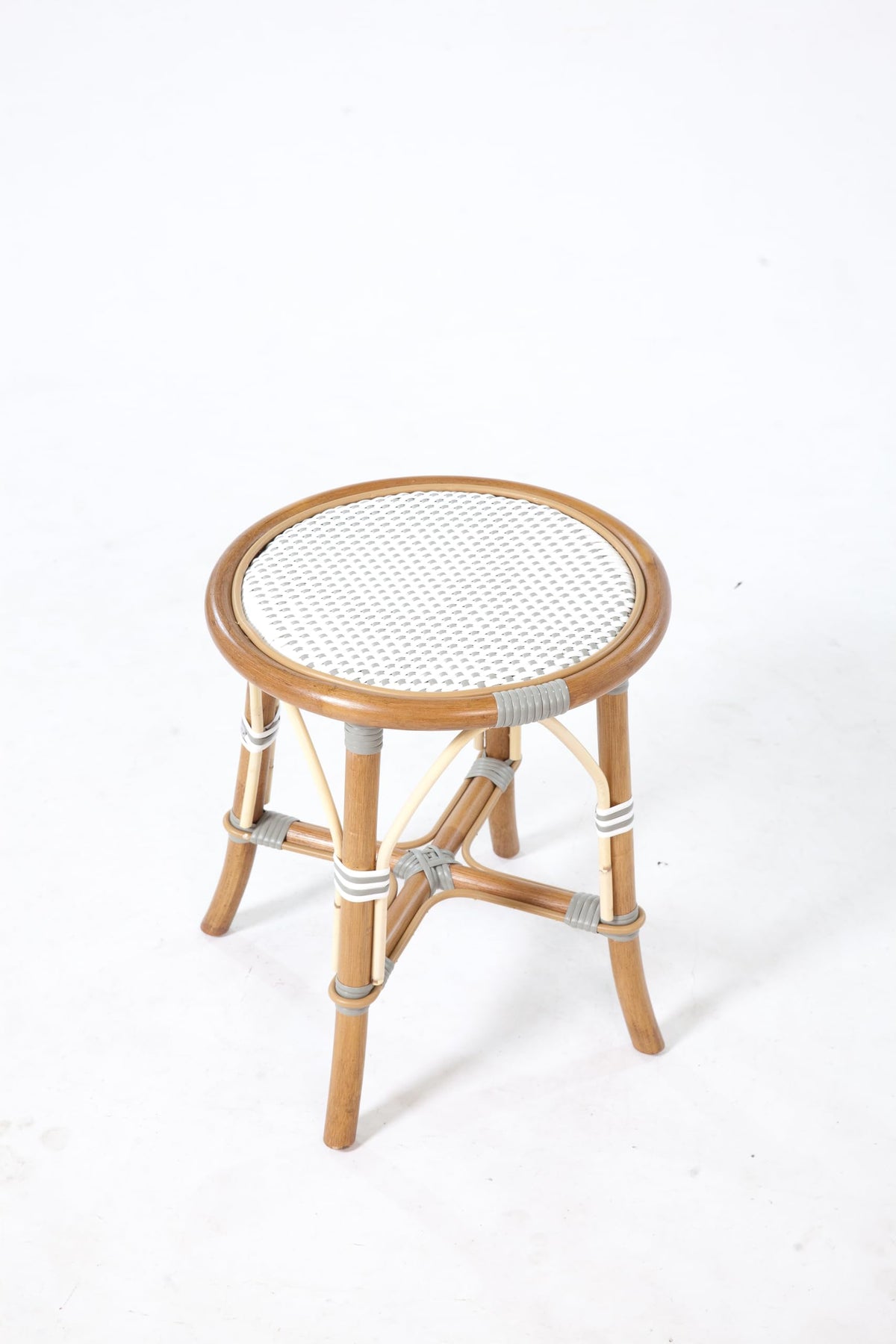 Aspen Brands French Bistro Low Stool, Round Rattan Seat, White and Grey