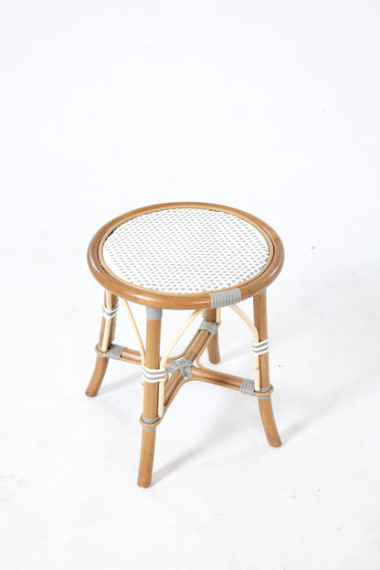 Aspen Brands French Bistro Low Stool, Round Rattan Seat, White and Grey