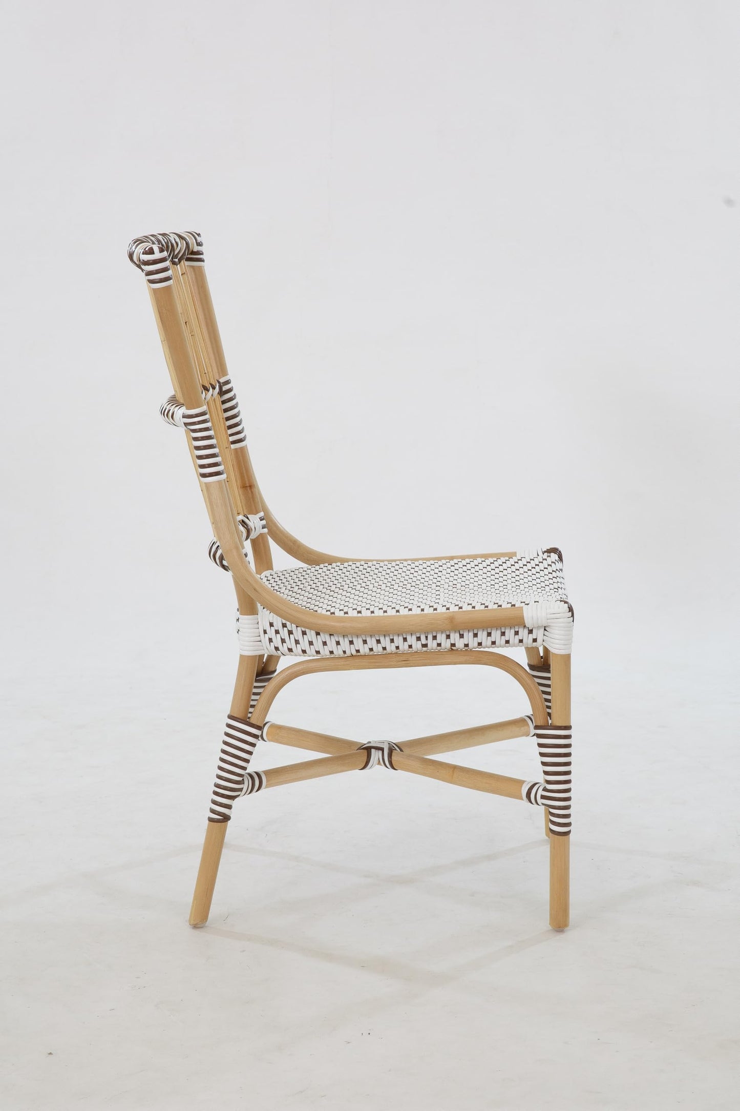 Aspen Brands Laguna Bistro Chair - White & Cappuccino Rattan Side Dining Chair. Designed to be Stackable and Made for Both Indoor and Outdoor use. 300 lbs max Limit. Rattan Wood Frame.