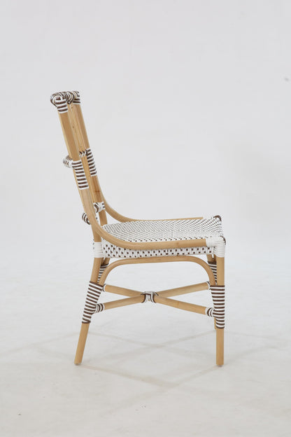 Aspen Brands Laguna Bistro Chair - White & Cappuccino Rattan Side Dining Chair. Designed to be Stackable and Made for Both Indoor and Outdoor use. 300 lbs max Limit. Rattan Wood Frame.