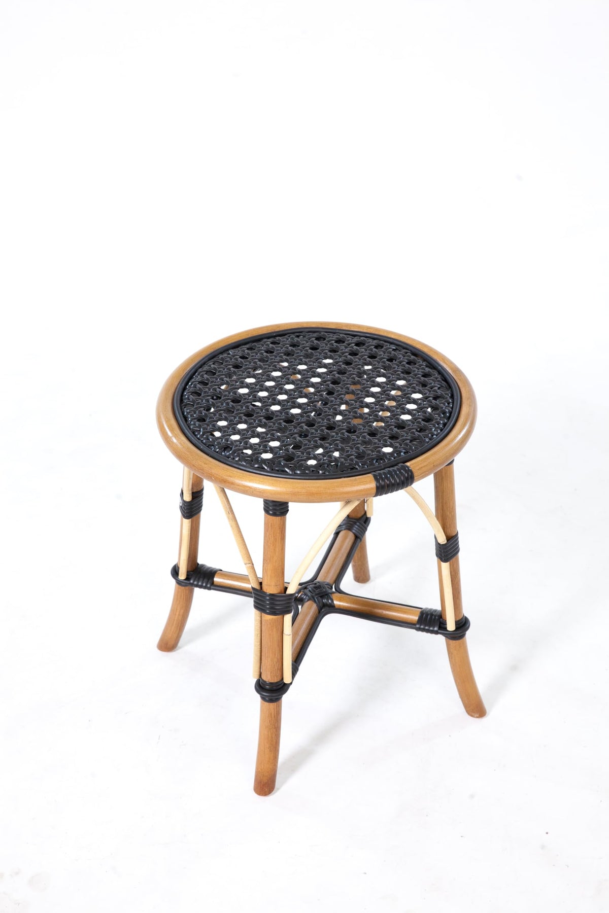 Aspen Brands French Bistro Counter Height Stool, Black Woven Rattan Seat, Brown Wooden Frame, Backless Design