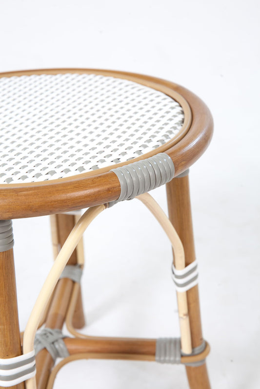 Aspen Brands French Bistro Low Stool, Round Rattan Seat, White and Grey