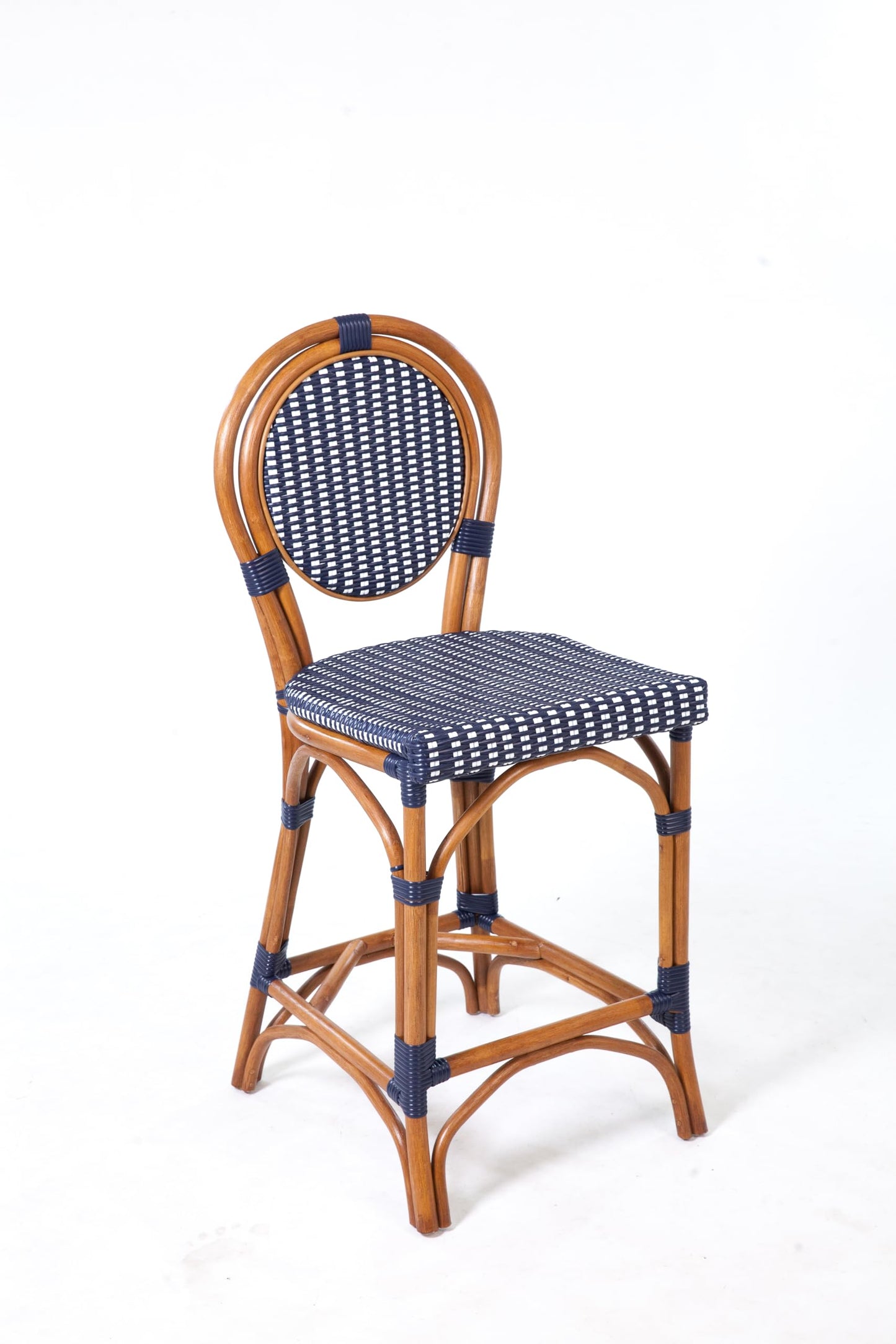 Aspen Brands Original Rattan French Bistro Counter Height Stool, Rattan Wood Frame, Navy & White, 26 Inch, Commercial Grade, Indoor