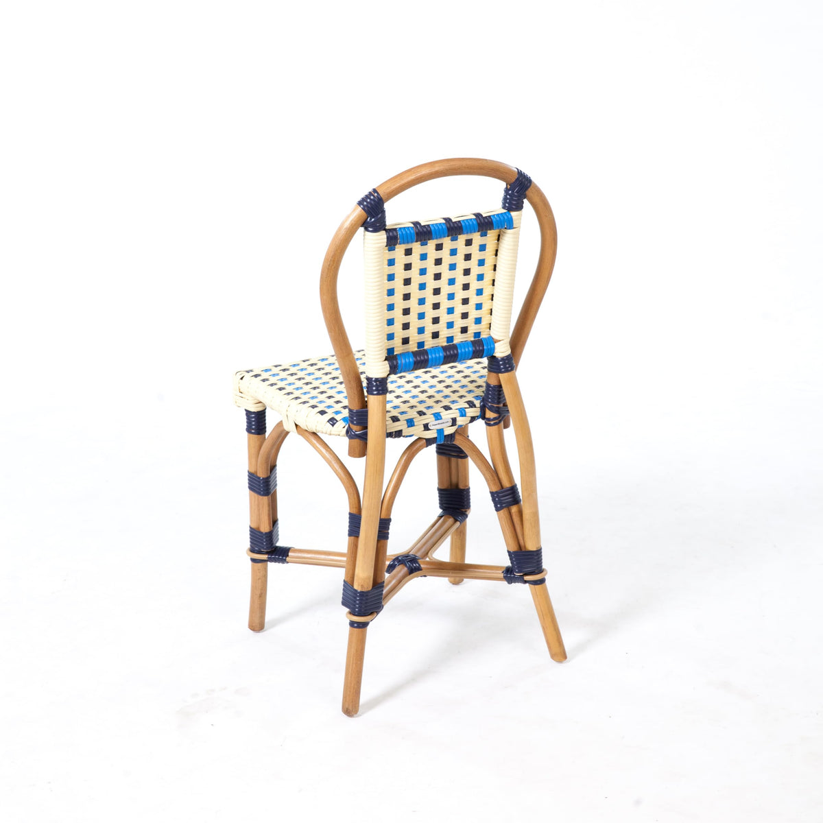 Aspen Brands Classic French Bistro Chair, Indoor Outdoor, Navy, Cream, and Lite Blue PE Rattan, Natural Frame, Commercial Grade