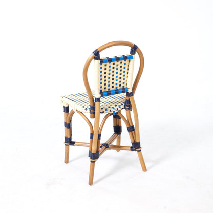 Aspen Brands Classic French Bistro Chair, Indoor Outdoor, Navy, Cream, and Lite Blue PE Rattan, Natural Frame, Commercial Grade