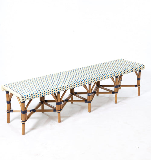 Aspen Brands Bistro Outdoor Bench, Navy White and Light Blue Woven Pattern, 6 Foot Length, Bamboo Frame with Navy Binding