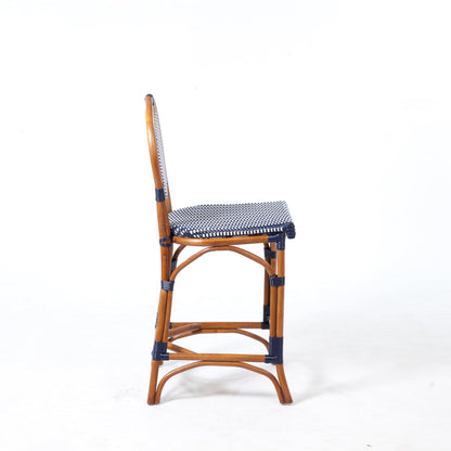 Aspen Brands Original Rattan French Bistro Counter Height Stool, Rattan Wood Frame, Navy & White, 26 Inch, Commercial Grade, Indoor