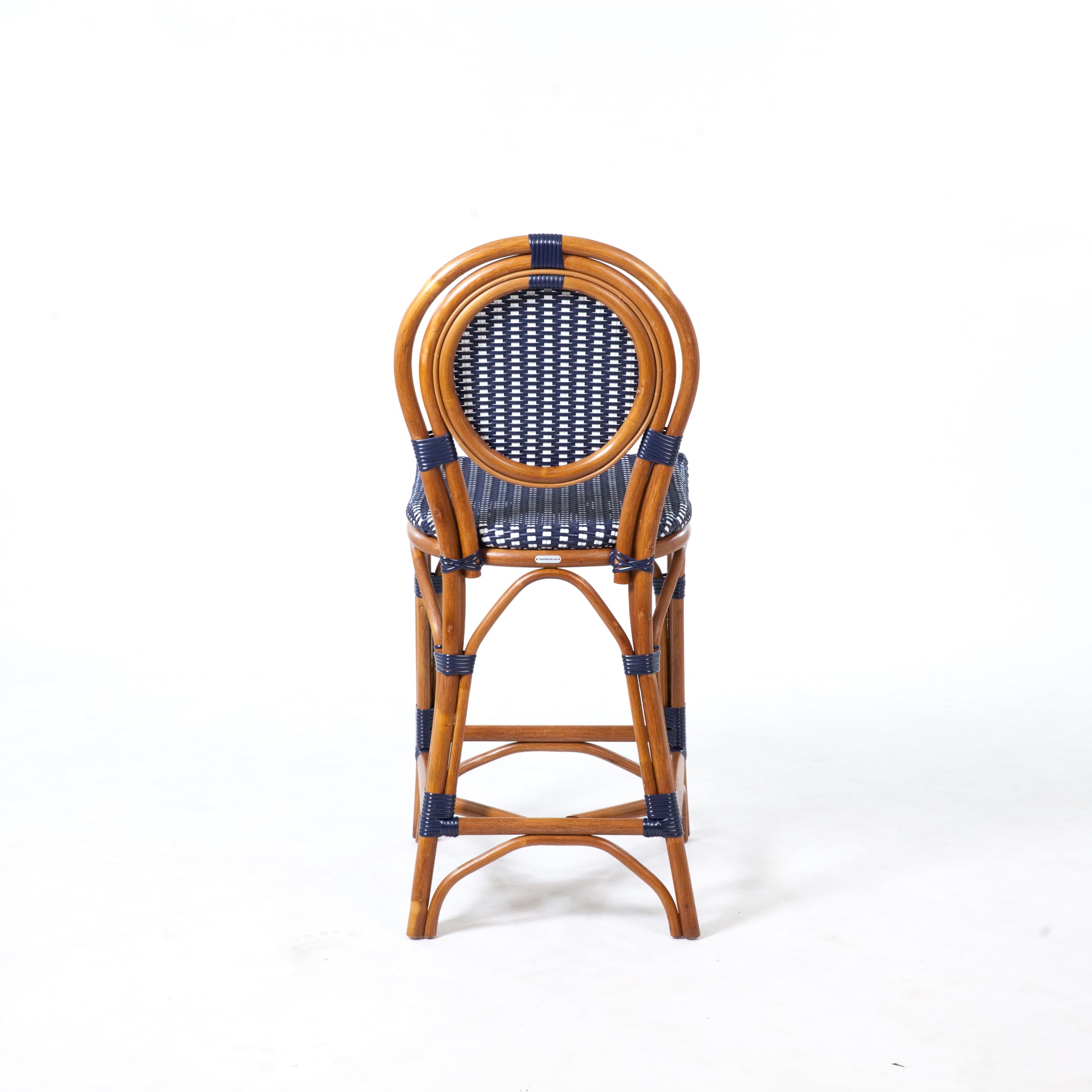 Aspen Brands Original Rattan French Bistro Counter Height Stool, Rattan Wood Frame, Navy & White, 26 Inch, Commercial Grade, Indoor