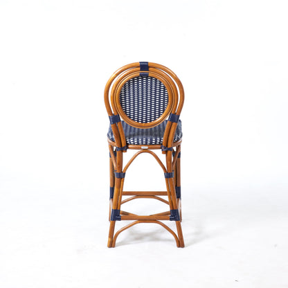 Aspen Brands Original Rattan French Bistro Counter Height Stool, Rattan Wood Frame, Navy & White, 26 Inch, Commercial Grade, Indoor