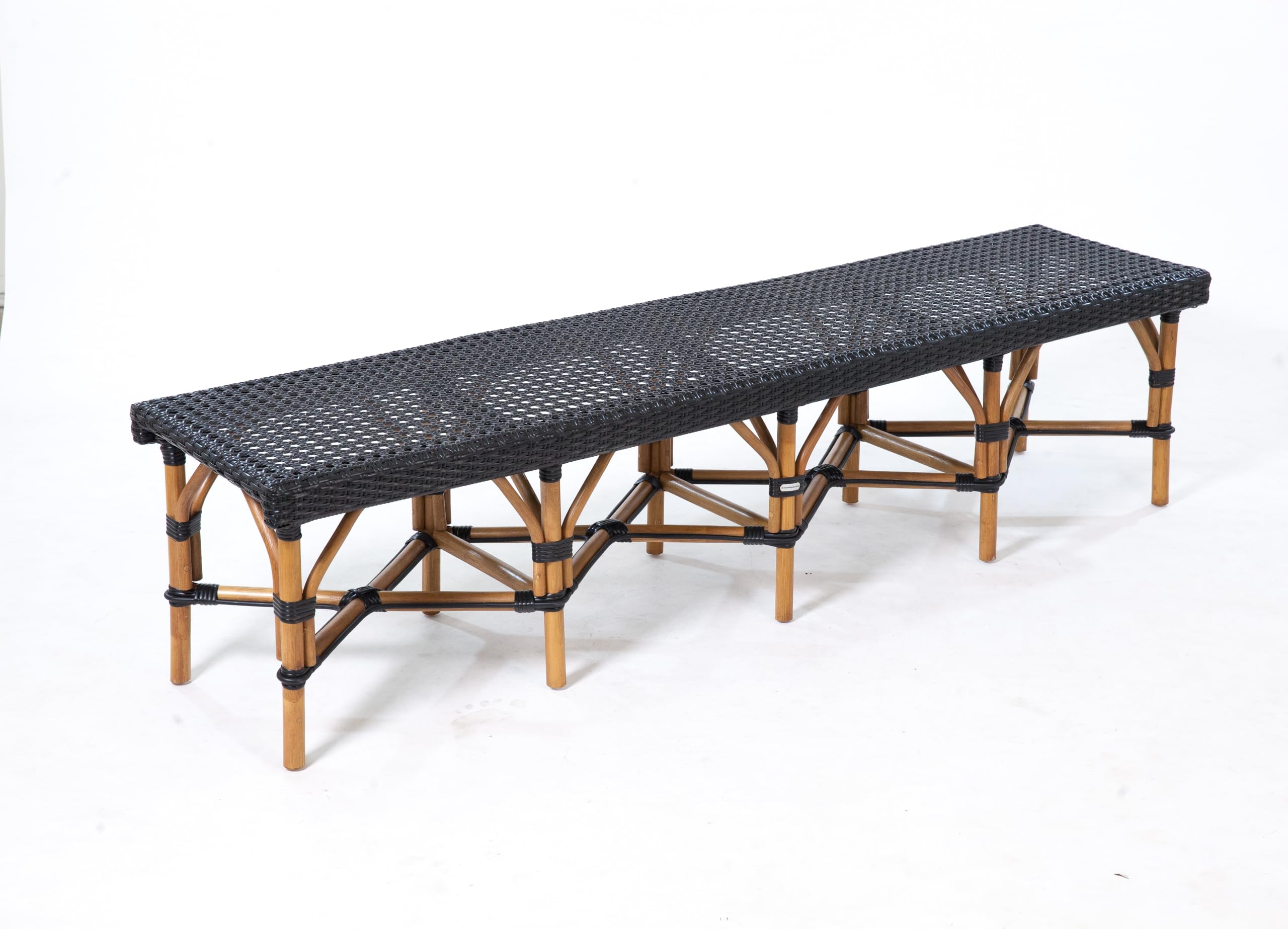 Aspen Brands 6-Foot French Bistro Bench, Black Woven Pattern, Rattan Frame with Cross-Braced Support, Weather-Resistant Outdoor Seating