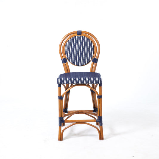 Aspen Brands Original Rattan French Bistro Counter Height Stool, Rattan Wood Frame, Navy & White, 26 Inch, Commercial Grade, Indoor