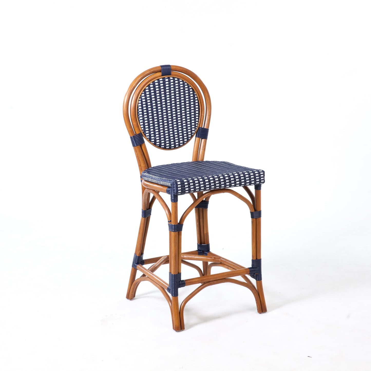 Aspen Brands Original Rattan French Bistro Counter Height Stool, Rattan Wood Frame, Navy & White, 26 Inch, Commercial Grade, Indoor