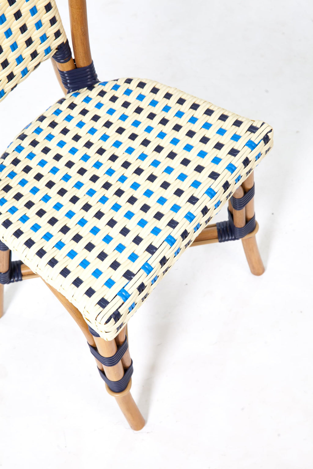 Aspen Brands Classic French Bistro Chair, Indoor Outdoor, Navy, Cream, and Lite Blue PE Rattan, Natural Frame, Commercial Grade