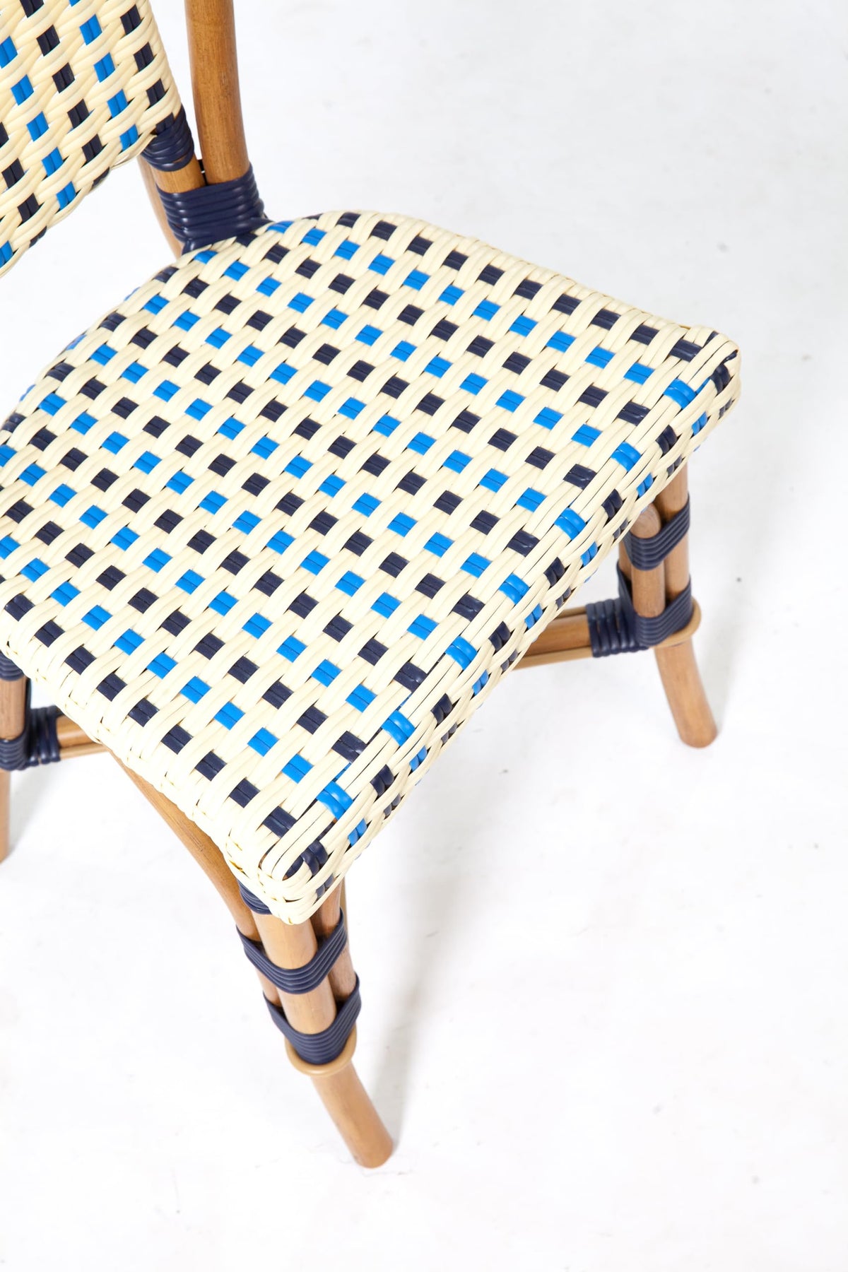 Aspen Brands Classic French Bistro Chair, Indoor Outdoor, Navy, Cream, and Lite Blue PE Rattan, Natural Frame, Commercial Grade