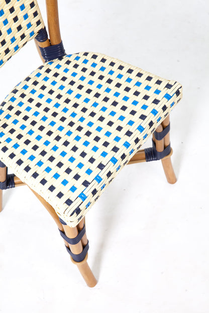 Aspen Brands Classic French Bistro Chair, Indoor Outdoor, Navy, Cream, and Lite Blue PE Rattan, Natural Frame, Commercial Grade