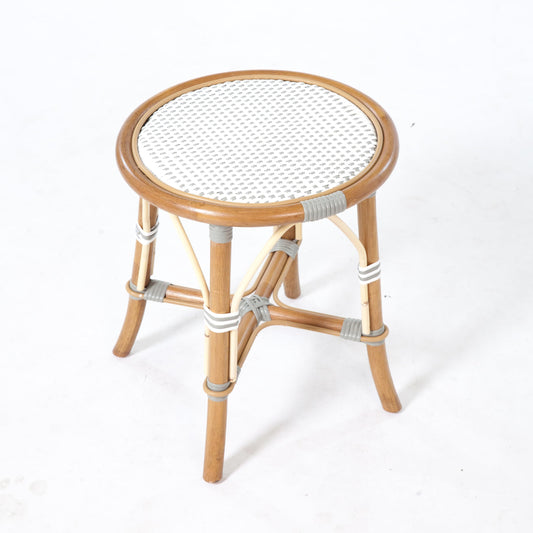 Aspen Brands French Bistro Low Stool, Round Rattan Seat, White and Grey
