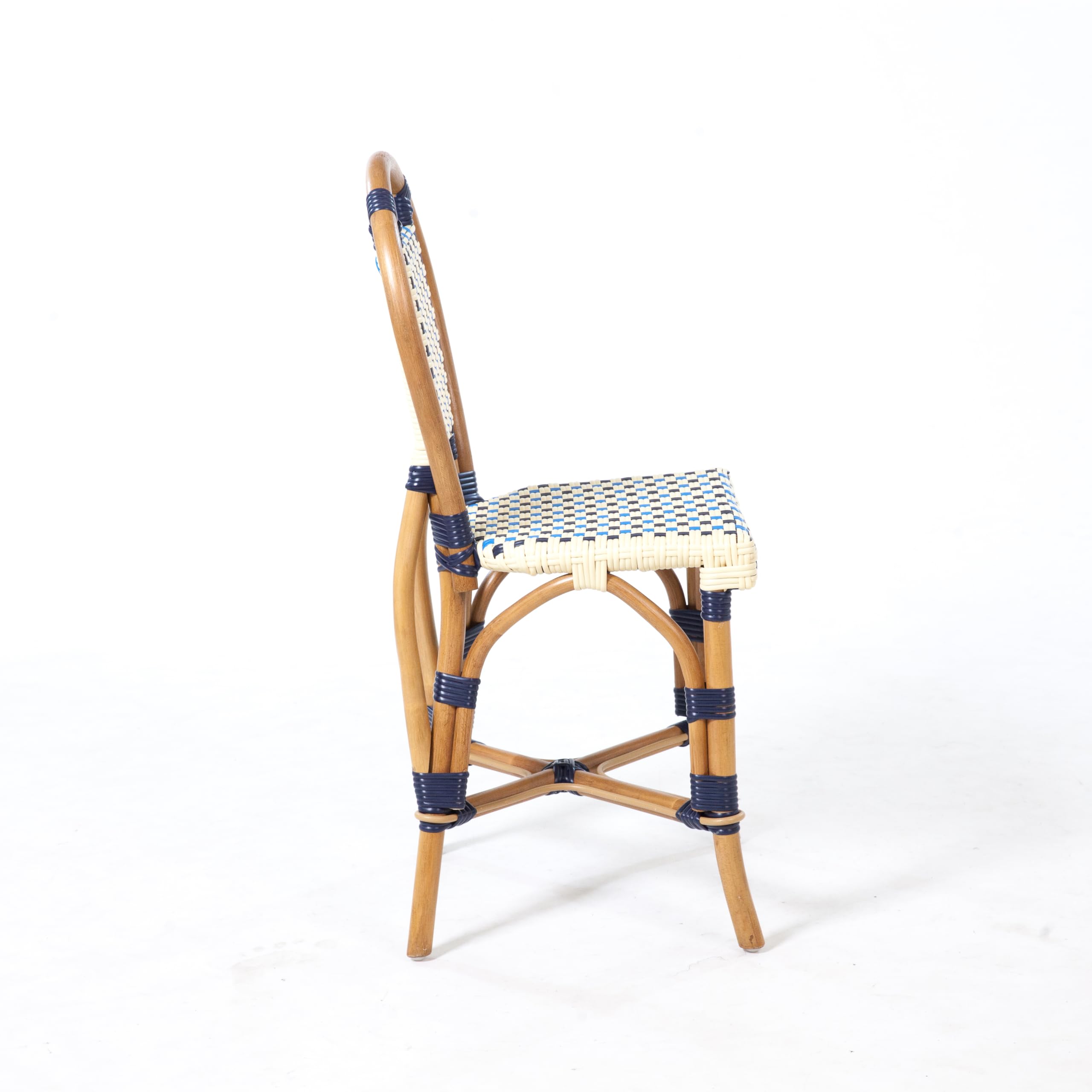 Aspen Brands Classic French Bistro Chair, Indoor Outdoor, Navy, Cream, and Lite Blue PE Rattan, Natural Frame, Commercial Grade