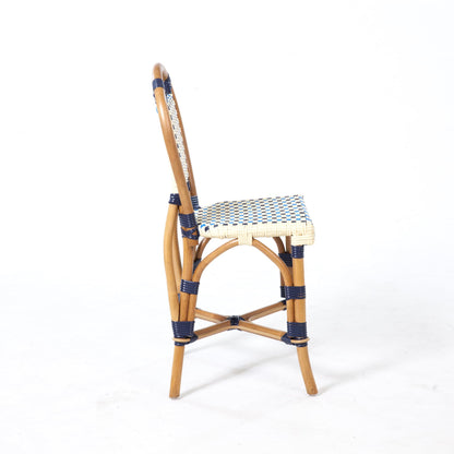 Aspen Brands Classic French Bistro Chair, Indoor Outdoor, Navy, Cream, and Lite Blue PE Rattan, Natural Frame, Commercial Grade