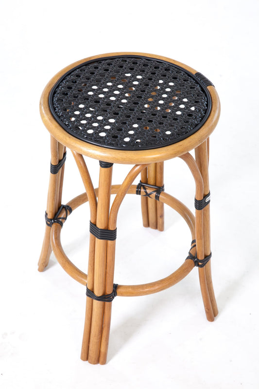 Aspen Brands French Bistro Counter Height Stool, Black Woven Rattan Seat, Brown Wooden Frame, Backless Design